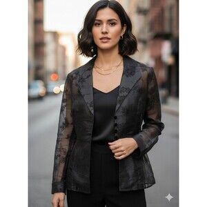 Alex Evenings Black Floral Sheer Blazer Jacket Goth Glam Eveningwear Vtg